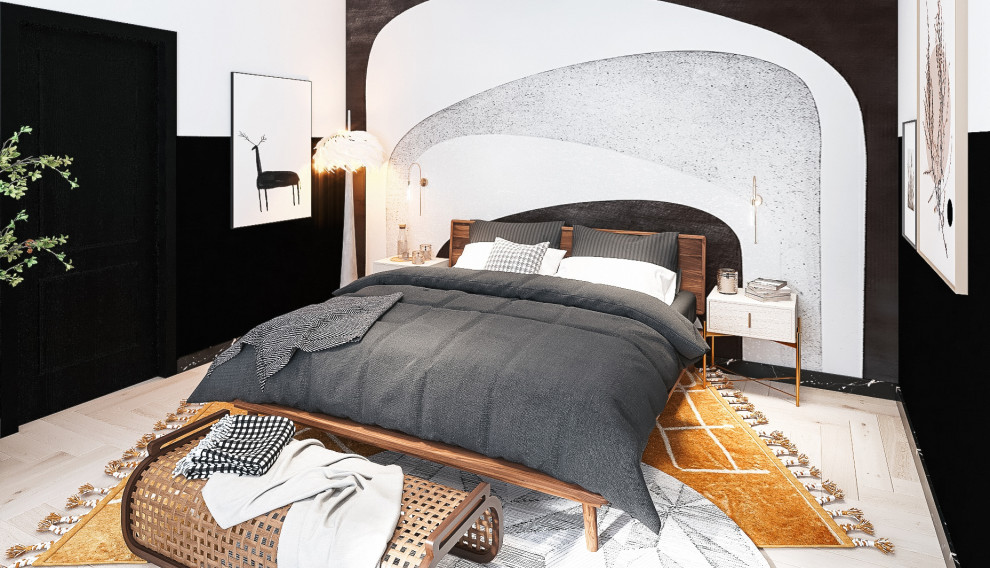 Foto de dormitorio principal asiático grande con paredes negras, suelo de madera clara, chimeneas suspendidas, suelo beige y boiserie