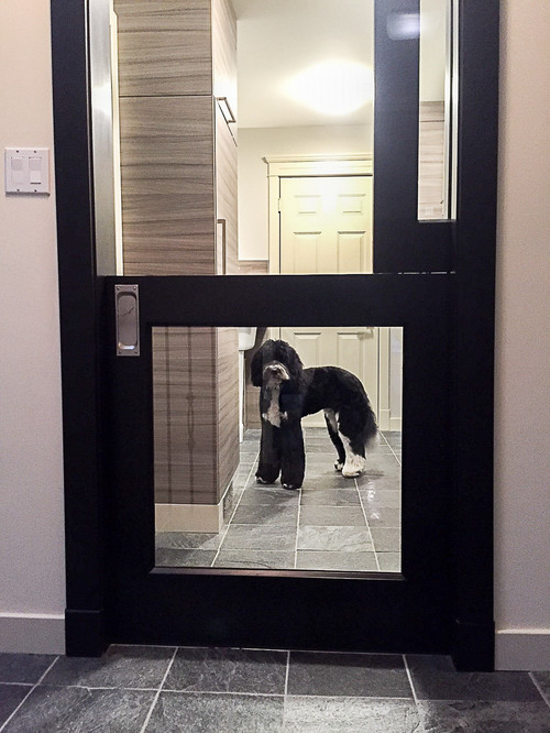 Black interior dutch door with dog on the other side. 