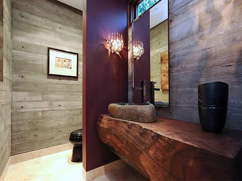 Expansive modern 3/4 bathroom in Los Angeles with beige tile, ceramic tile, purple walls, ceramic floors, a vessel sink and wood benchtops.
