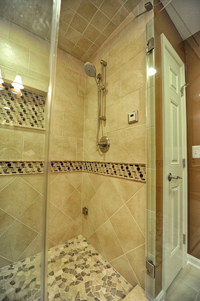 Inspiration for a mid-sized transitional bathroom in Baltimore with an undermount sink, recessed-panel cabinets, medium wood cabinets, granite benchtops, beige tile, porcelain tile, brown walls, porcelain floors and with a sauna.