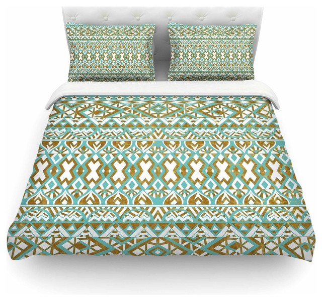 Pom Graphic Design Mint Gold Tribals Teal Brown Duvet Cover Cotton Twin