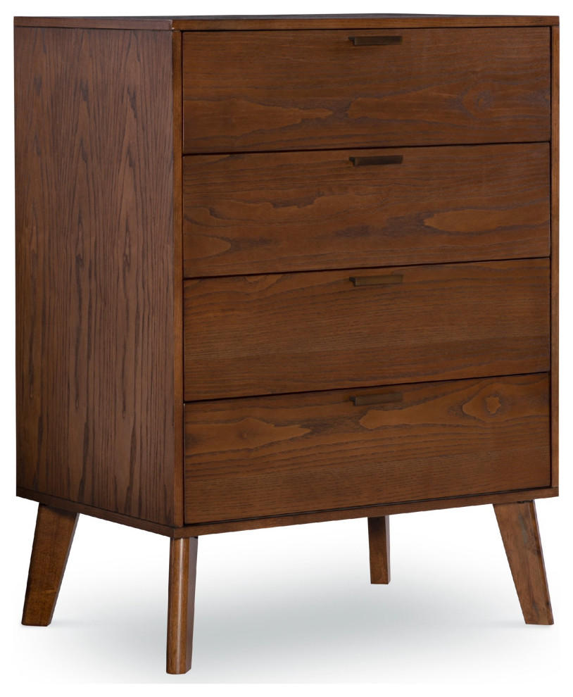 Retro Modern Vertical Dresser, Angled Legs & 4 Storage Drawers, Medium Brown Transitional
