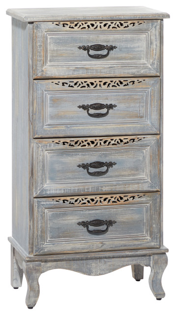 Tall Grey Distressed 4 Drawer Wood Carved Cabinet With Black Metal Handles Farmhouse Dressers By Brimfield May Houzz