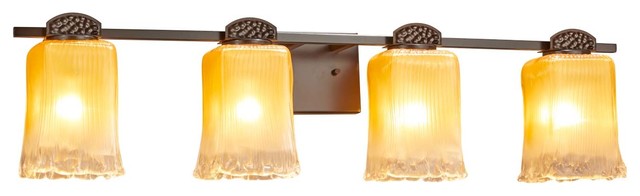 LED Square with Rippled Rim Venetian Glass Shade in Gold with Clear Rim Era 4-Light Bath Bar Veneto Luce Dark Bronze Finish