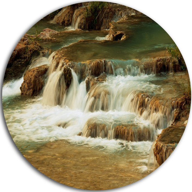Waterfall Cascade With White Waters, Landscape Round Wall Art Rustic