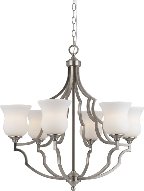 60W Barrie Metal 6 Light Chandelier, Brushed Steel Finish, Frosted White