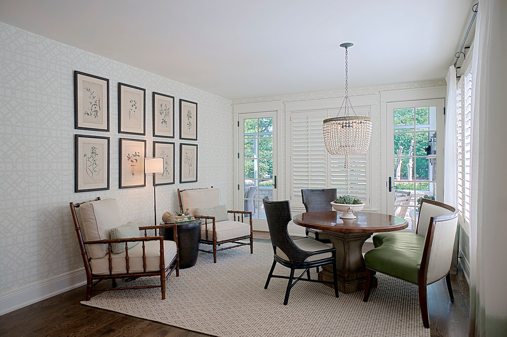 Inspiration for a mid-sized transitional dark wood floor and brown floor great room remodel in Chicago with white walls and no fireplace