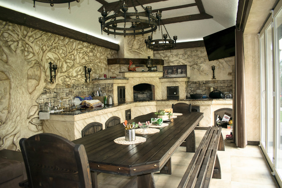 Крытая терраса с мангальной зоной в скандинавском стиле.