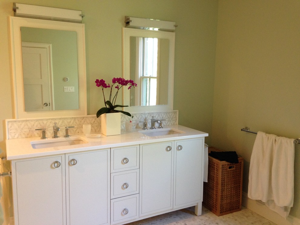Mid-sized transitional master white tile and ceramic tile mosaic tile floor and white floor alcove bathtub photo in New York with flat-panel cabinets, white cabinets, green walls, an undermount sink, quartz countertops and a hinged shower door