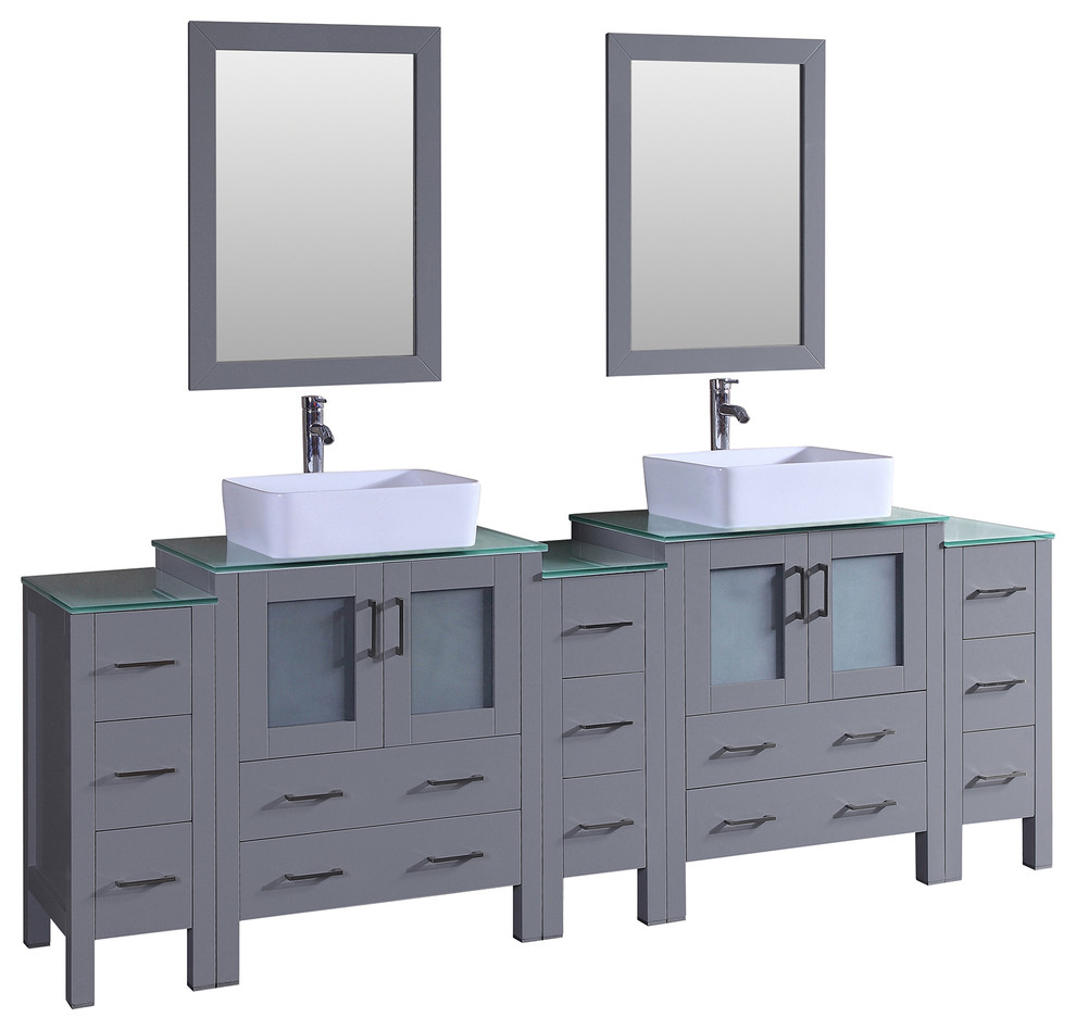 96" Double Vanity With Tempered Glass Top Gray Contemporary