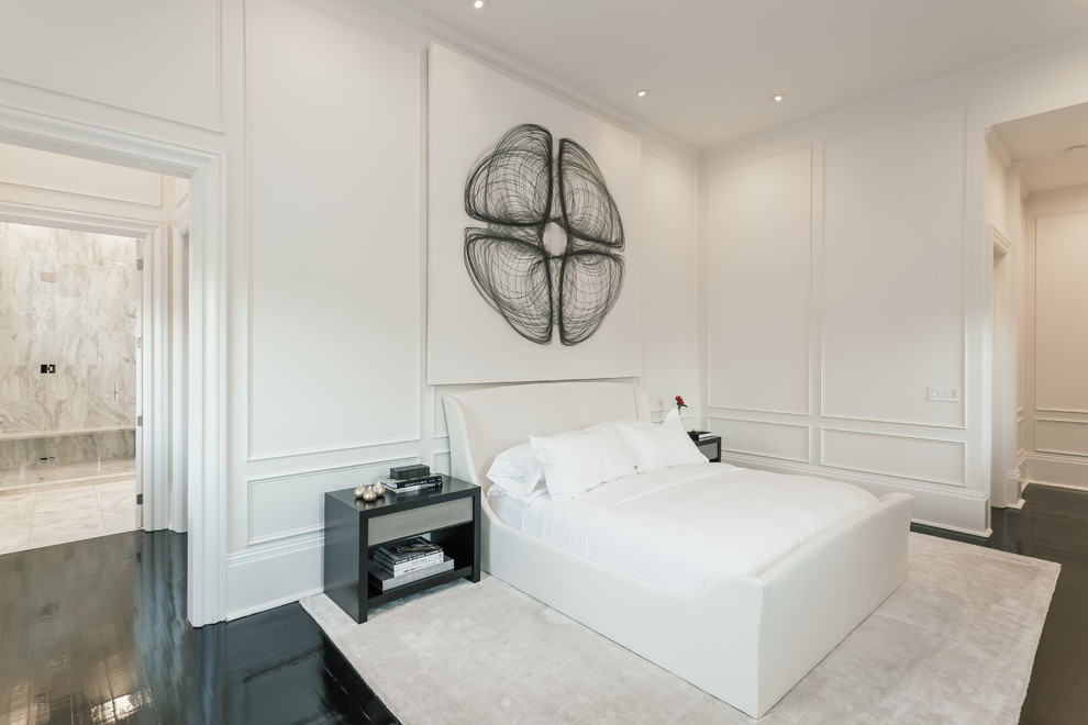 Inspiration for a large contemporary master laminate floor and black floor bedroom remodel in New Orleans with white walls and no fireplace