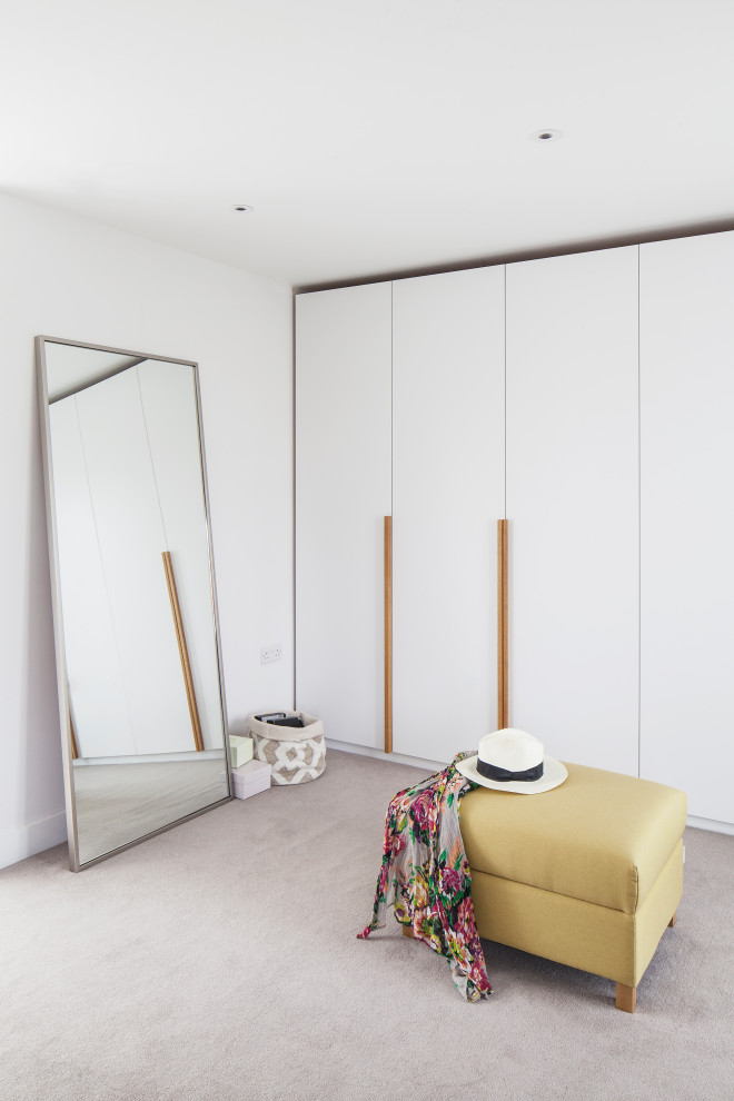 This is an example of a large scandinavian storage and wardrobe in Sussex with carpet and grey floor.