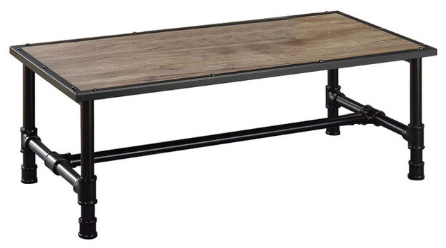Acme Caitlin Coffee Table Rustic Oak And Black Industrial Acme Caitlin Coffee Table Rustic Oak And Black