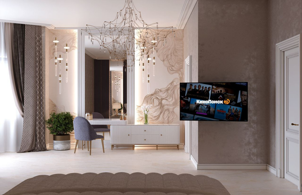 Изысканная спальня с золотой фреской