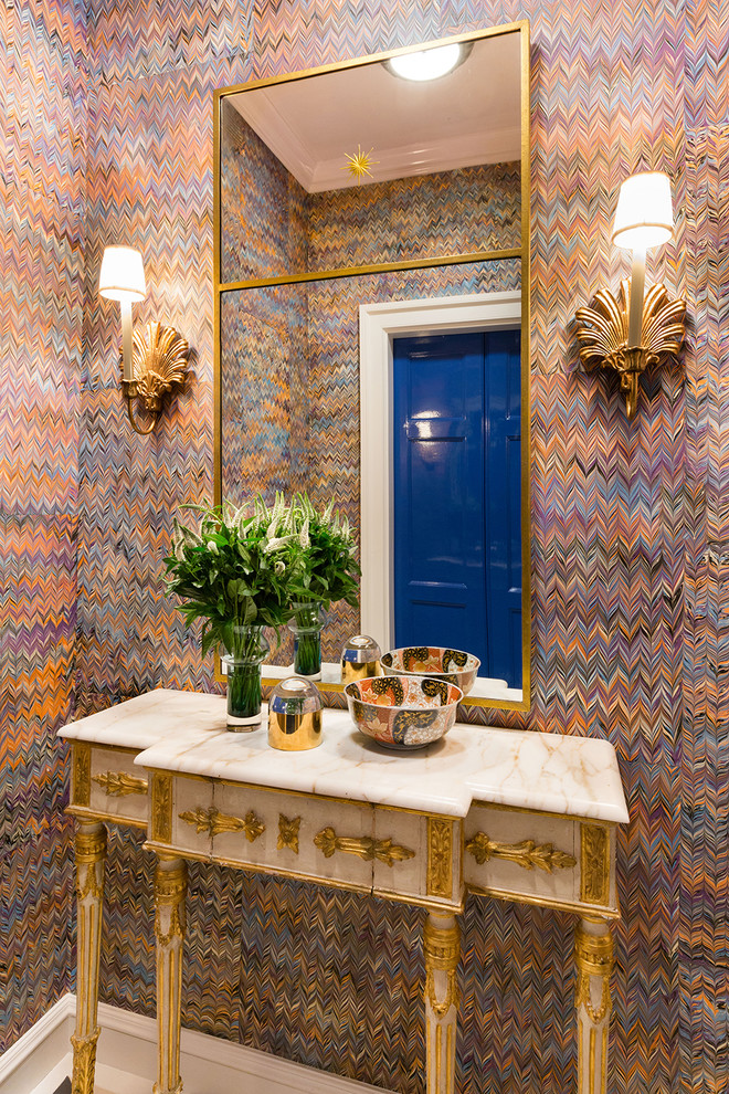 This is an example of a large eclectic powder room in Chicago with multi-coloured walls.
