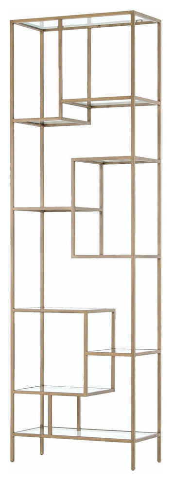 Helena Staggered Antique Brass, Glass Shelf Bookcase 102"