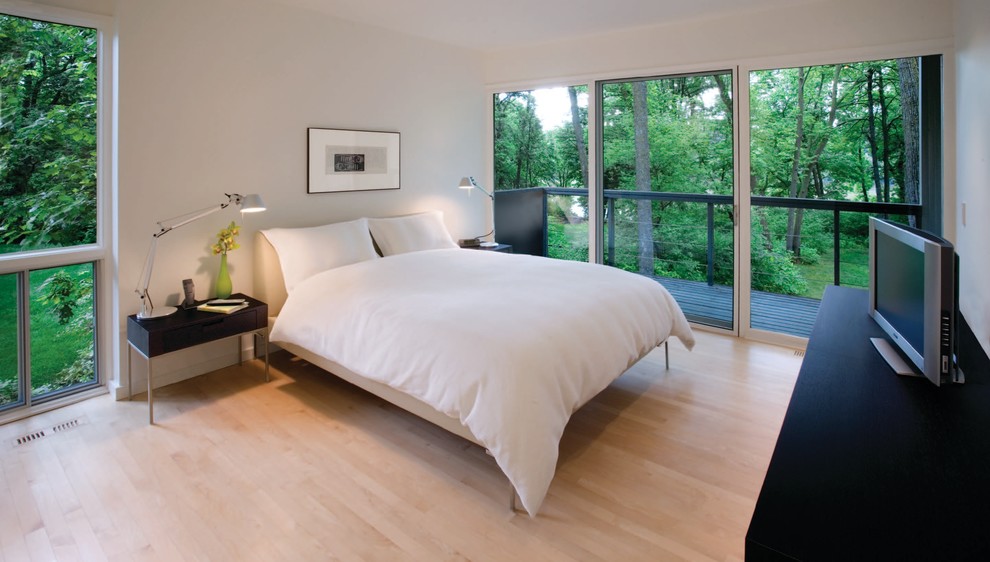 Large contemporary master bedroom in Other with white walls and light hardwood floors.