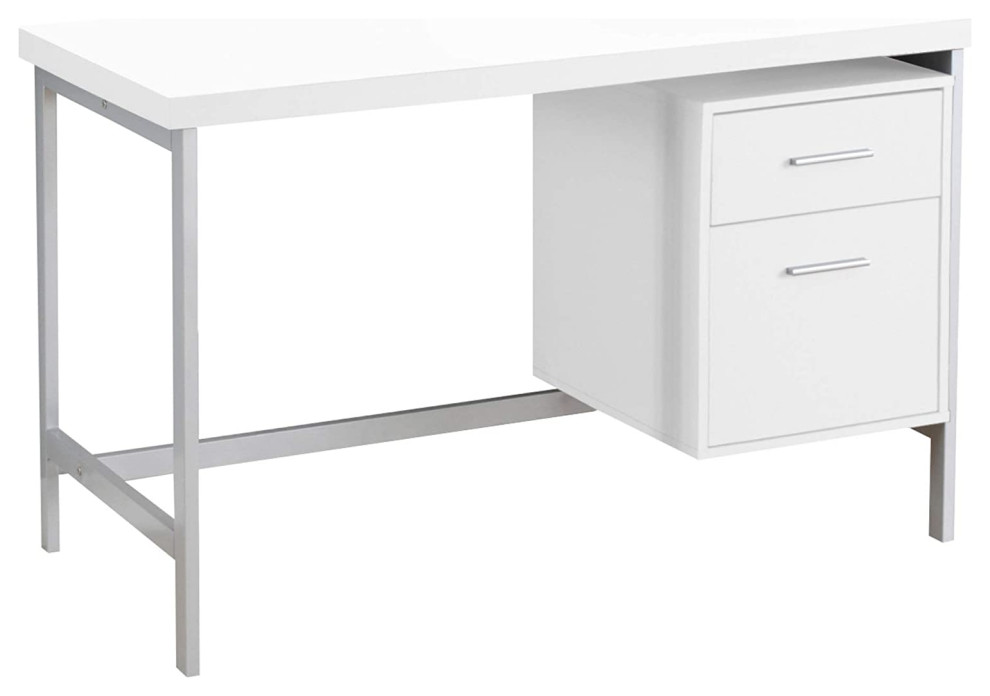 Contemporary Desk, Silver Legs With Spacious Thick Paneled White Top