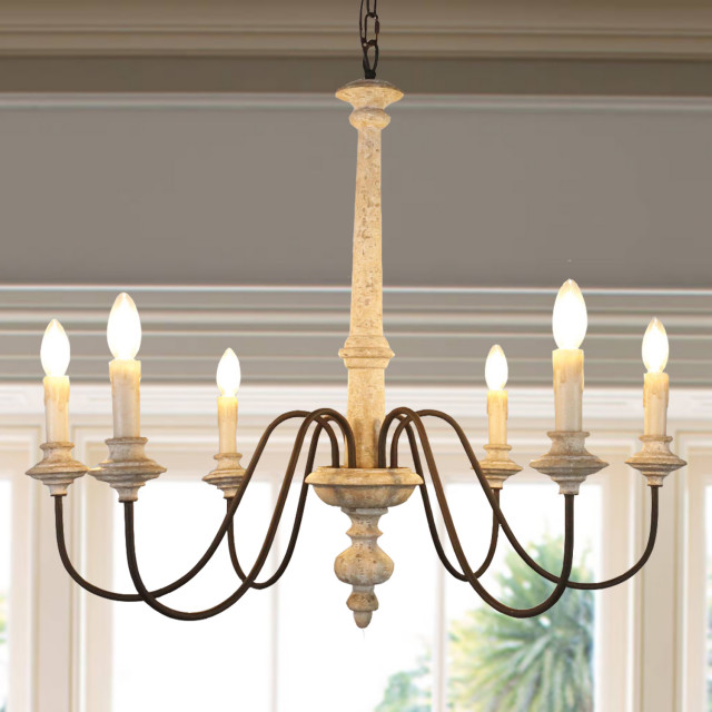 6Light Wooden Pendant Light Kitchen Island Lighting Vintage Chandelier French Country