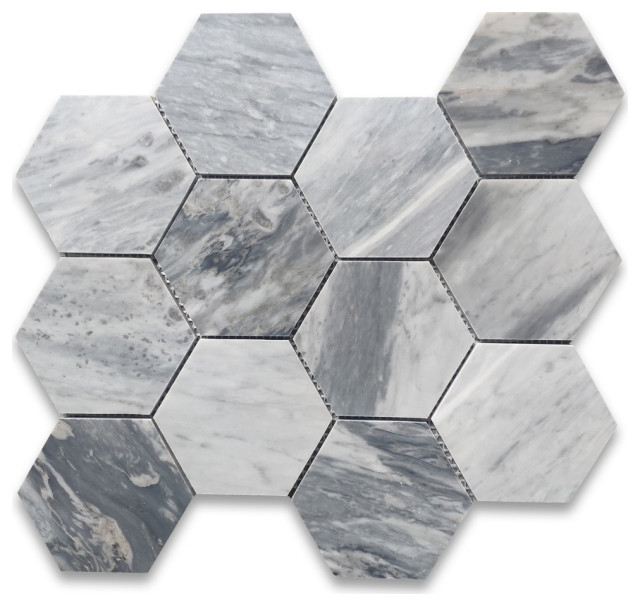 Bardiglio Gray Marble 4" Hexagon Mosaic Tile Honed Traditional Mosaic Tile by Stone Center