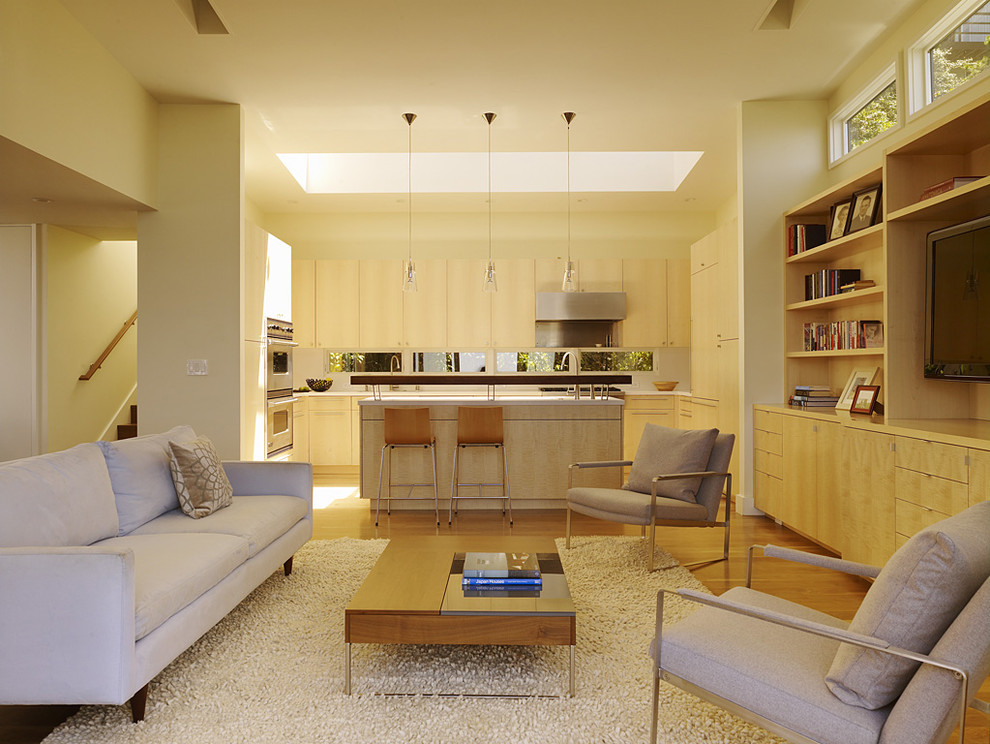 Photo of a modern open concept living room in San Francisco with a built-in media wall.