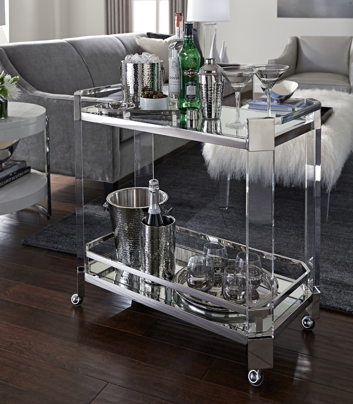 Design ideas for a transitional bar cart in Miami with glass benchtops and dark hardwood floors.