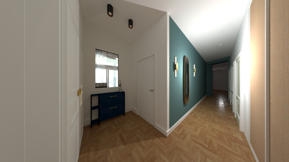 Idées déco pour une entrée classique de taille moyenne avec un couloir, un sol en contreplaqué et une porte simple.