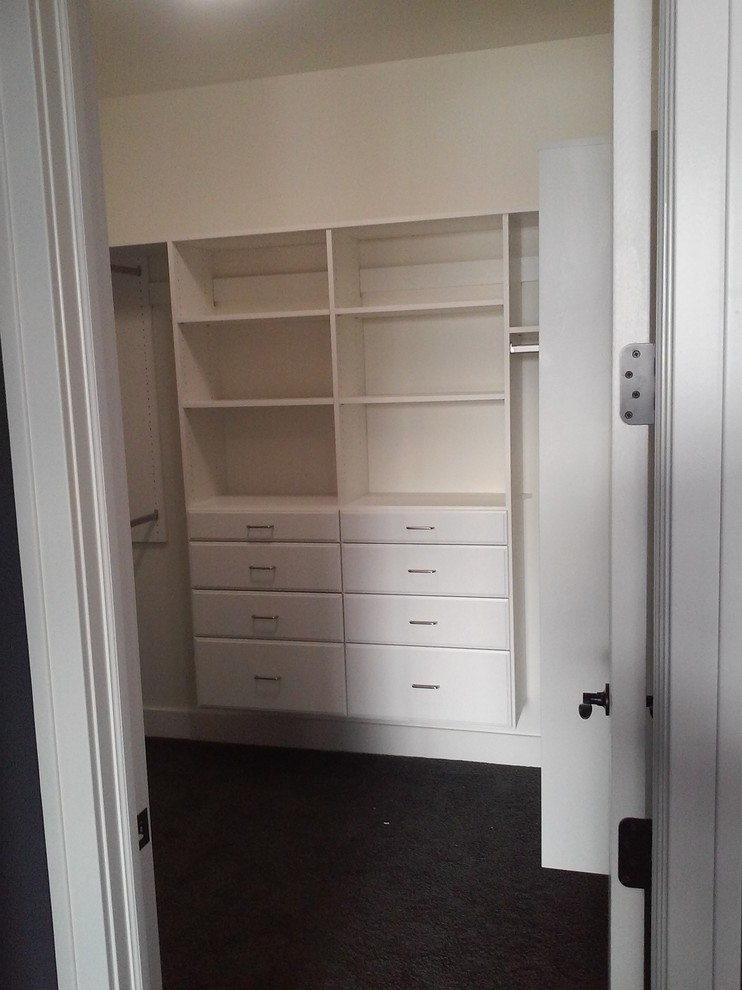 Inspiration for a mid-sized contemporary gender-neutral walk-in wardrobe in Detroit with flat-panel cabinets, white cabinets, carpet and grey floor.