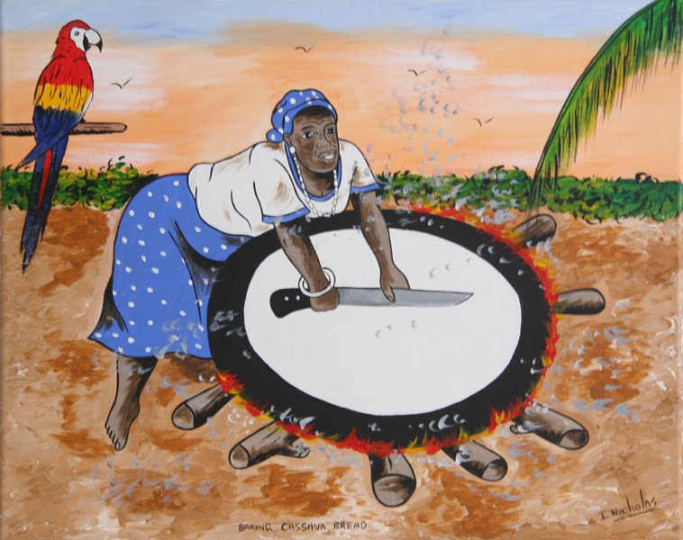 Isiah Nicholas, Baking Cassava Bread, Acrylic Painting