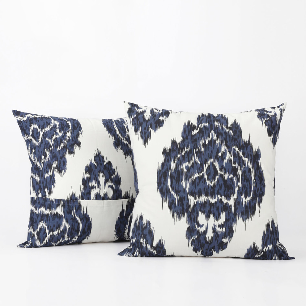 Ikat Printed Cotton Cushion Cover, Set of 2, Blue