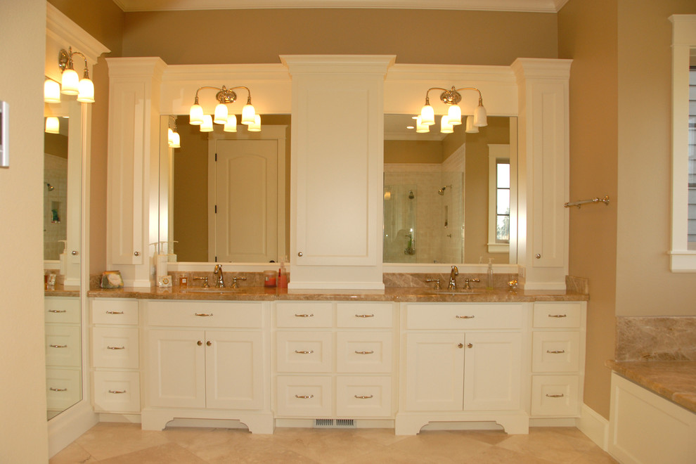 Inspiration for a large traditional master bathroom in Portland with shaker cabinets, white cabinets, an alcove shower, beige walls, ceramic floors, an undermount sink, beige floor, a hinged shower door, multi-coloured benchtops, a double vanity and a built-in vanity.