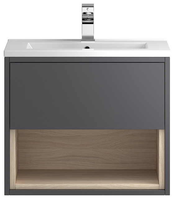Laguna Wall-Mounted Vanity Unit and Sink, Gloss Grey and Driftwood, 60 Cm