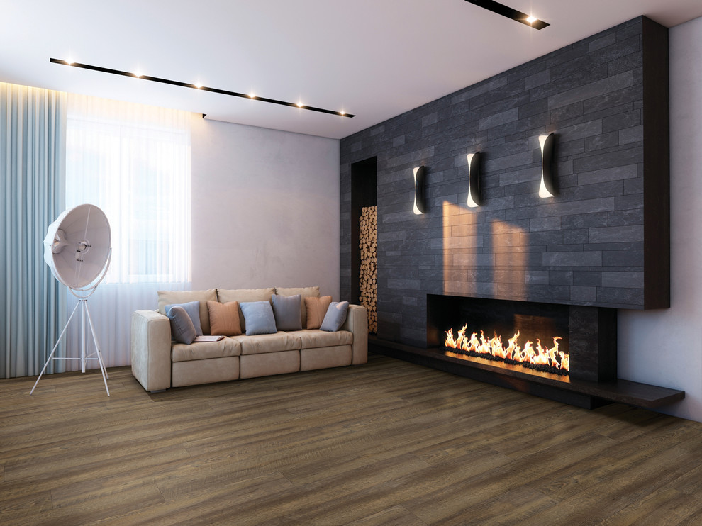 Large modern formal open concept living room in Minneapolis with white walls, medium hardwood floors, a ribbon fireplace, a tile fireplace surround and no tv.