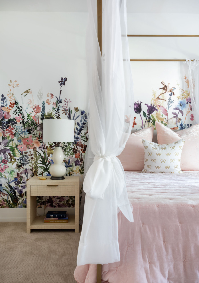 Design ideas for an expansive contemporary kids' bedroom for kids 4-10 years old and girls in Houston with multi-coloured walls, carpet, grey floor and wallpaper.