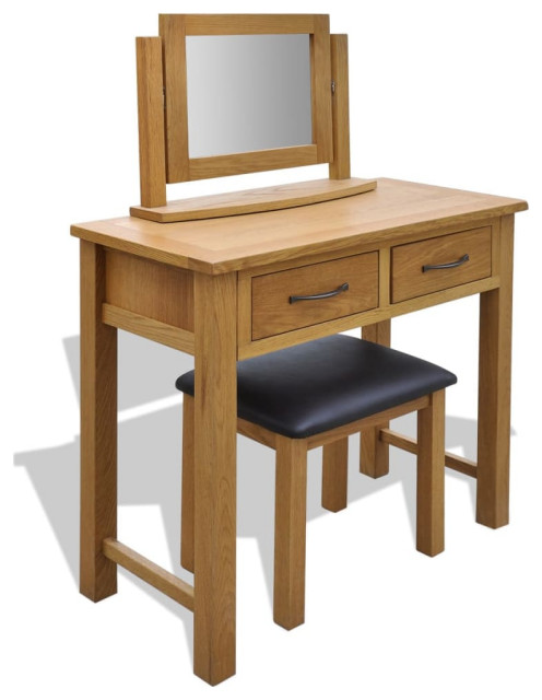 Vidaxl Oak Wood Dressing Table W Stool Mirror Makeup Vanity Desk Drawer Home Transitional Bedroom Vanities By Vida Xl International B V Houzz Stool Mirror Makeup Vanity Desk Drawer, Vanity Desk With Drawers Without Mirror