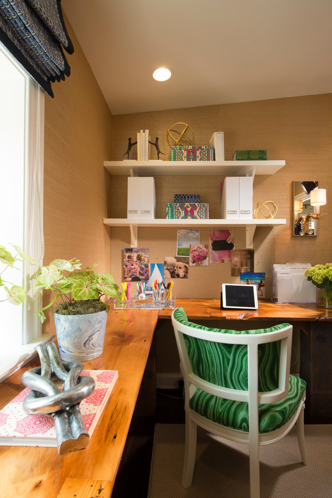 Study room - small transitional built-in desk dark wood floor study room idea in Baltimore with beige walls