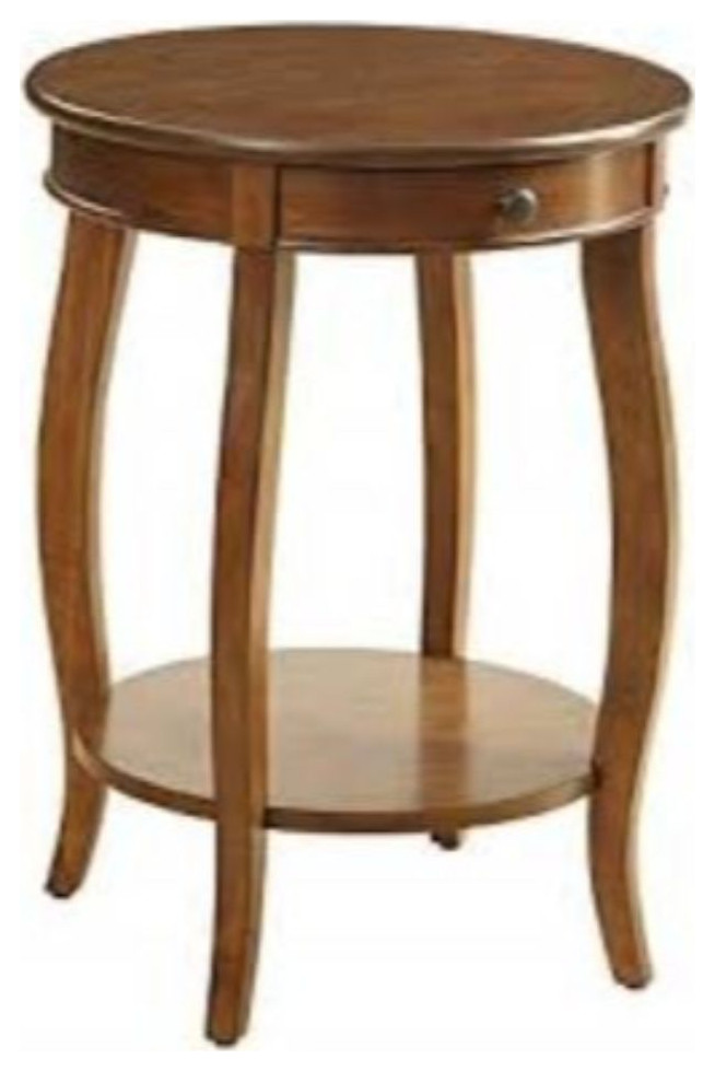 24" Brown Solid Wood Round End Table With Shelf Transitional Side