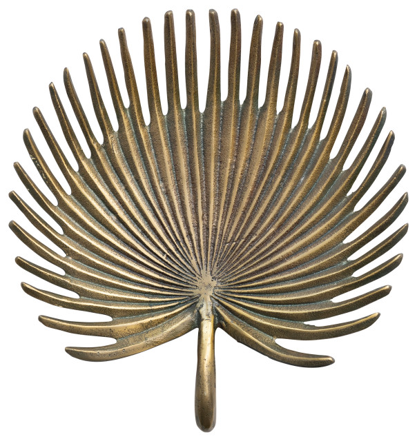 Decorative Aluminum Palm Frond Tray, Antique Gold Finish Tropical