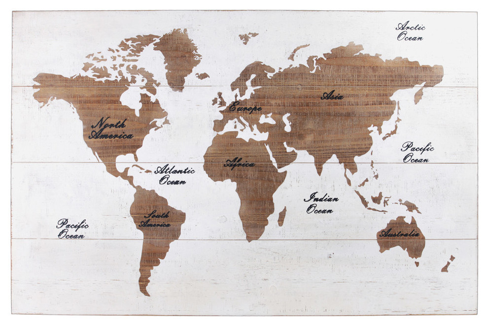 Wood Rectangle Panel Giclee Print Of World Map Natural Finish Brown Farmhouse Prints And Posters By Virventures