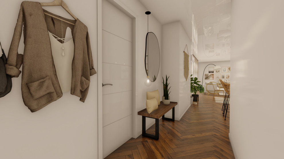 Свежая идея для дизайна: маленький коридор в стиле фьюжн с белыми стенами, полом из винила и коричневым полом для на участке и в саду - отличное фото интерьера