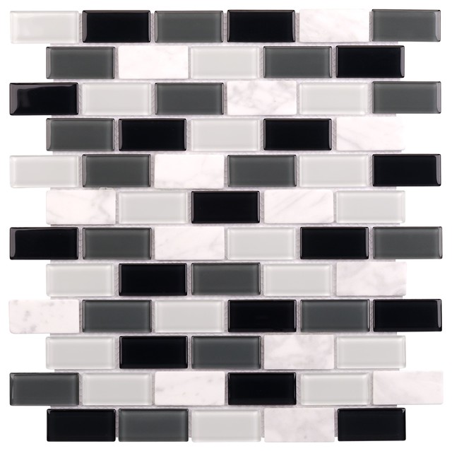 Mto0165 Pillowed Squares Black Gray White Glossy Matte Glass Stone