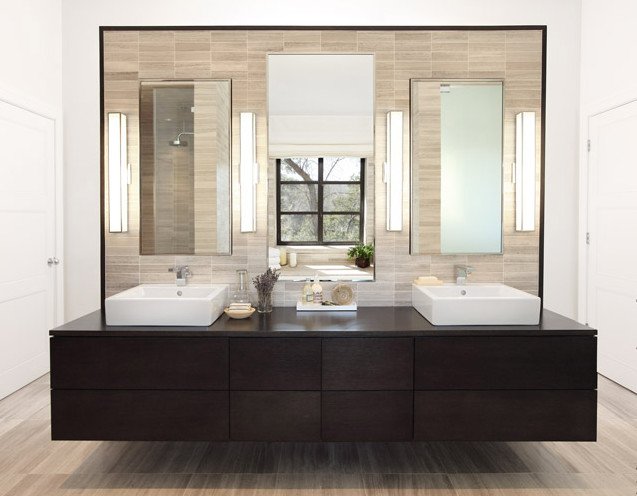 Photo of a large contemporary master bathroom in Austin with flat-panel cabinets, dark wood cabinets, white walls, porcelain floors, a vessel sink, wood benchtops, beige tile, ceramic tile and beige floor.