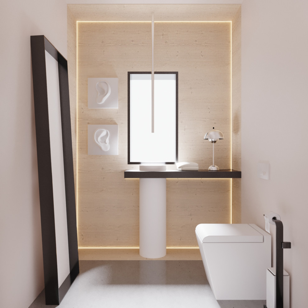 Photo of a mid-sized modern powder room in Catania-Palermo with open cabinets, black cabinets, a one-piece toilet, beige tile, white walls, light hardwood floors, a vessel sink, stainless steel benchtops, beige floor, black benchtops, a freestanding vanity, recessed and wood walls.