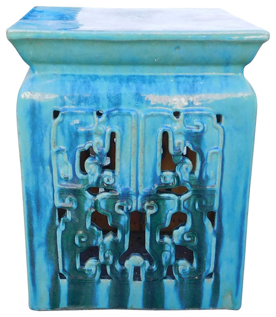 Chinese Ceramic Square Turquoise Blue Ruyi Garden Stand Table