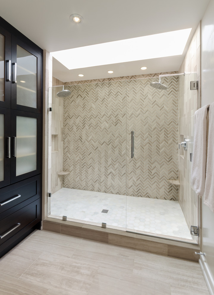 Large transitional master bathroom in Richmond with shaker cabinets, dark wood cabinets, beige walls, marble floors, an undermount sink, marble benchtops, grey floor, a hinged shower door, an alcove shower and multi-coloured benchtops.