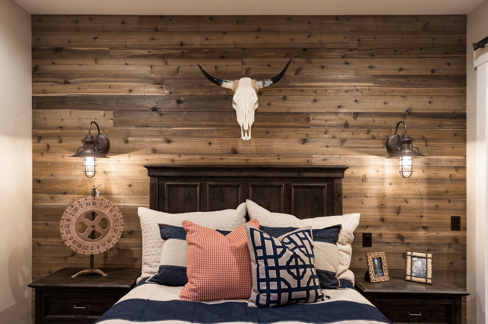 Design ideas for a country bedroom in Salt Lake City with brown walls.