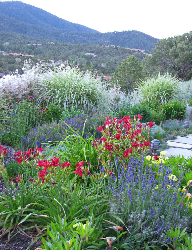 Photo of a mid-sized traditional backyard partial sun xeriscape for summer in Albuquerque with natural stone pavers.