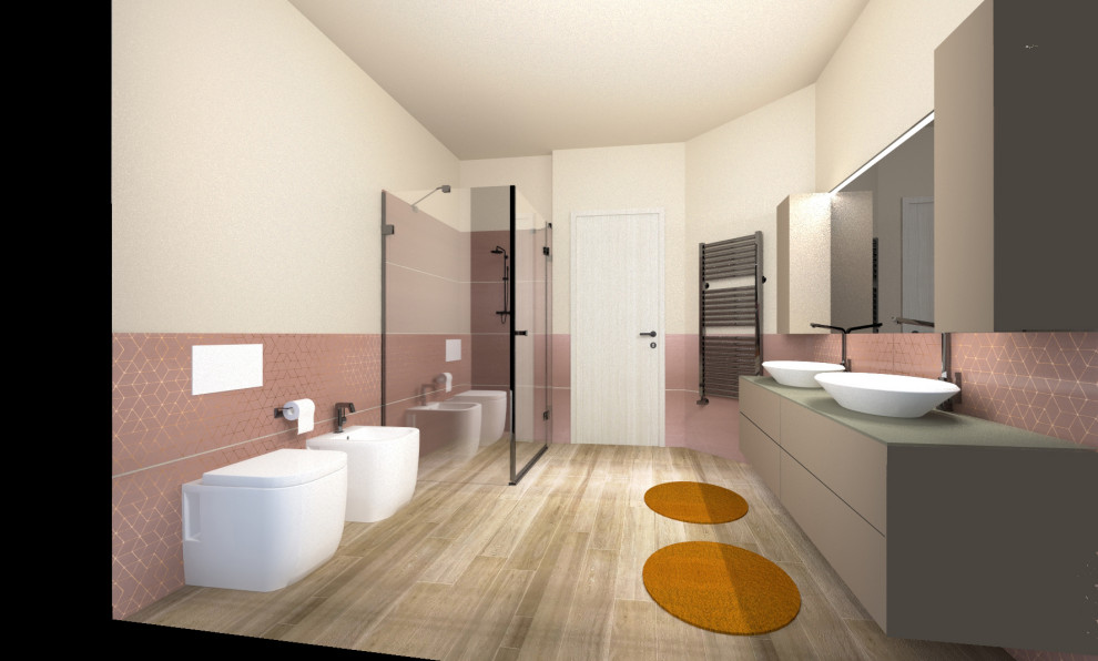 Modern inredning av ett mellanstort badrum med dusch, med möbel-liknande, en kantlös dusch, en vägghängd toalettstol, rosa kakel, keramikplattor, klinkergolv i porslin, ett fristående handfat och dusch med gångjärnsdörr