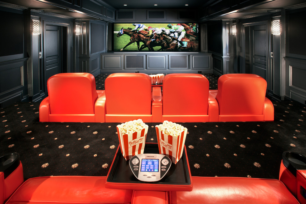 Inspiration for a large traditional enclosed home theatre in New York with grey walls, carpet and a wall-mounted tv.
