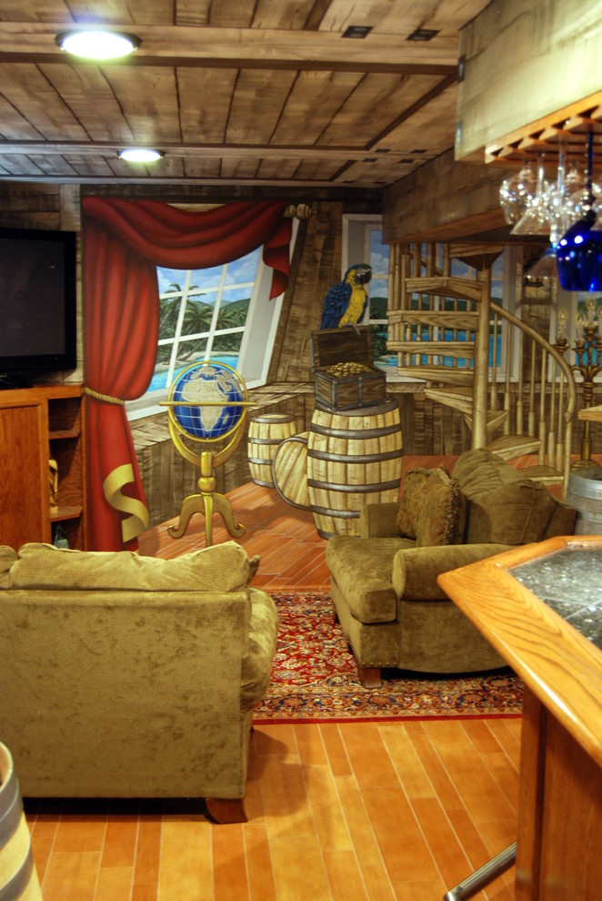 Pirate Ship Themed Murals Done In A 360 Around A Home Bar